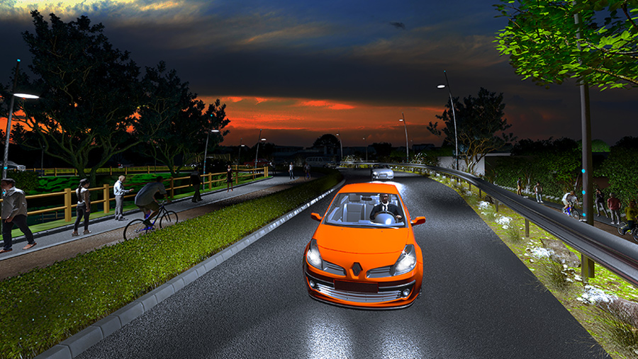 maquette 3d route nuit voiture orange